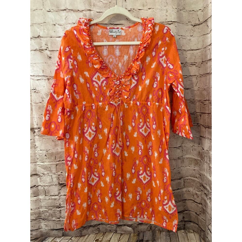 Mudpie Dress Women's Small Shift Orange Linen Medallion Print Ruffle V Neck